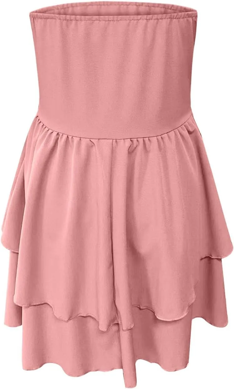 Women 2025 Summer Strapless Tube Mini Dress A Line Slim Fit Waisted Off Shoulder Smocked Ruffle Short Travel Dresses