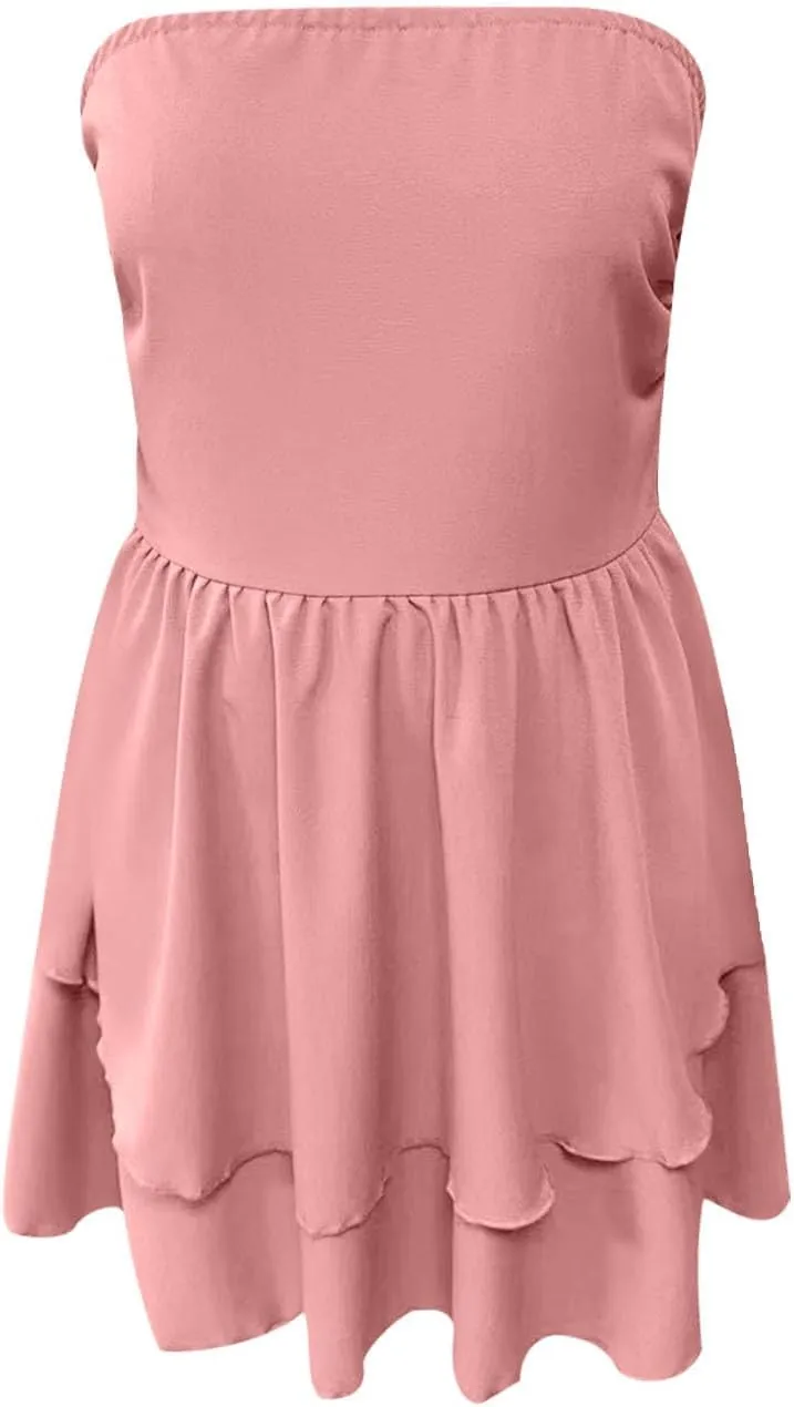 Women 2025 Summer Strapless Tube Mini Dress A Line Slim Fit Waisted Off Shoulder Smocked Ruffle Short Travel Dresses