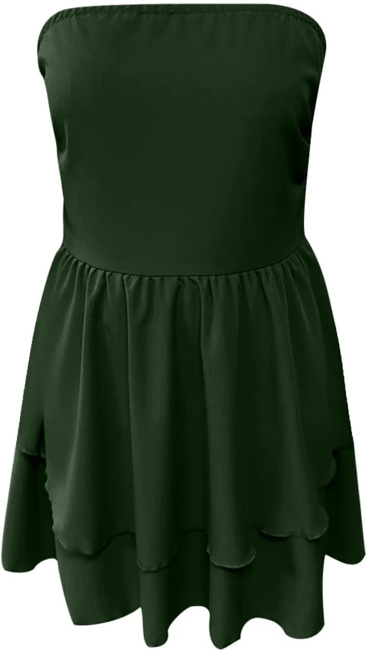 Women 2025 Summer Strapless Tube Mini Dress A Line Slim Fit Waisted Off Shoulder Smocked Ruffle Short Travel Dresses