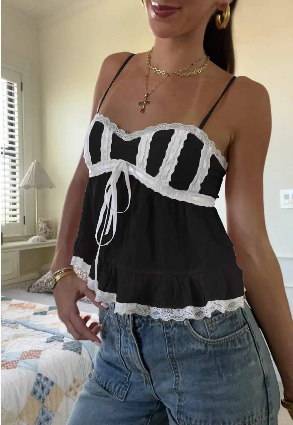 Women Babydoll Tank Tops Y2K Square Neck Smocked Bow Cami Tops Cute Floral Print Ruffled Hem Crop Top