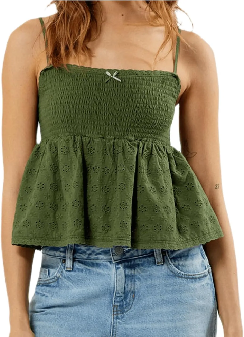 Women Babydoll Tank Tops Y2K Square Neck Smocked Bow Cami Tops Cute Floral Print Ruffled Hem Crop Top