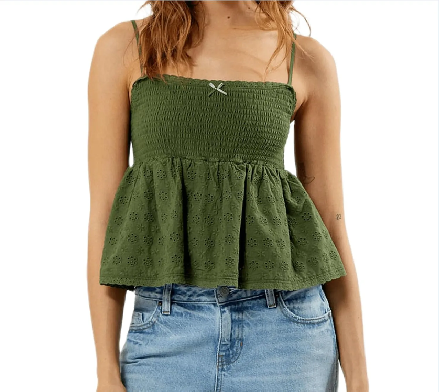Women Babydoll Tank Tops Y2K Square Neck Smocked Bow Cami Tops Cute Floral Print Ruffled Hem Crop Top