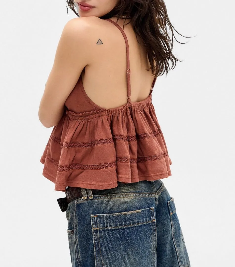 Women Floral Babydoll Top Sexy V Neck Backless Ruffle Hem Going Out Tops Cute Bow Flowy Tank Tops Boho Peplum Tops