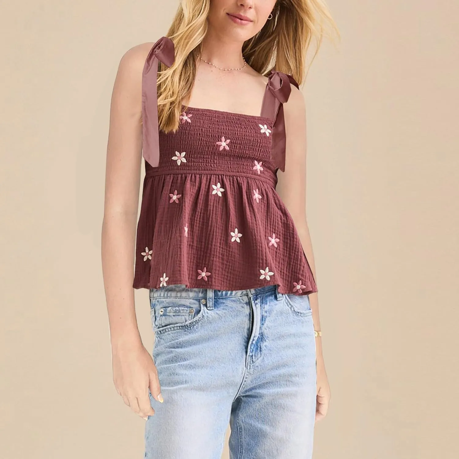 Women Floral Embroidered Tank Top Cute Tie Shoulder Babydoll Camisoles Y2k Square Neck Sleeveless Flowy Cami Tops