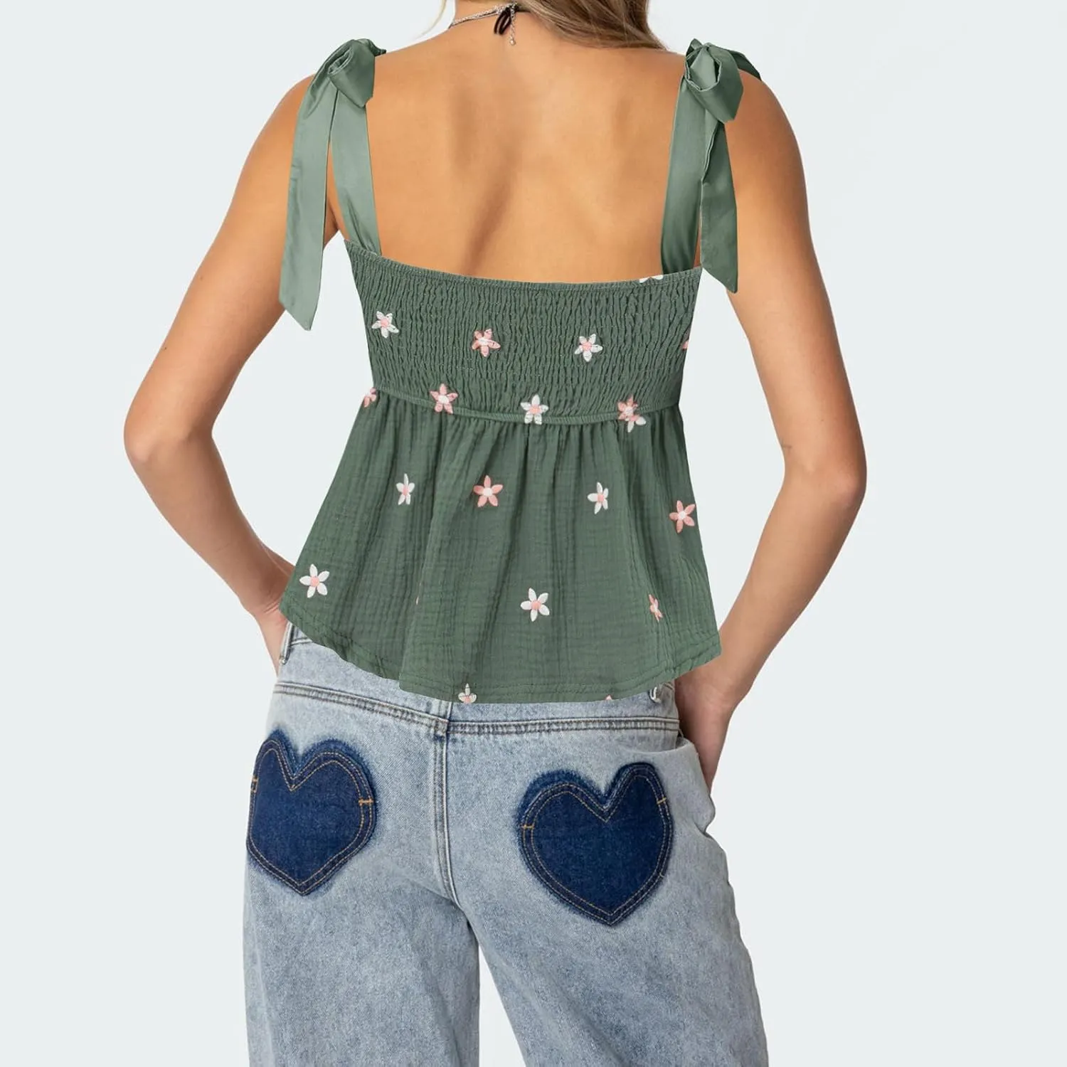 Women Floral Embroidered Tank Top Cute Tie Shoulder Babydoll Camisoles Y2k Square Neck Sleeveless Flowy Cami Tops