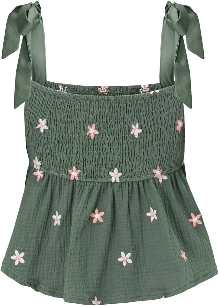 Women Floral Embroidered Tank Top Cute Tie Shoulder Babydoll Camisoles Y2k Square Neck Sleeveless Flowy Cami Tops