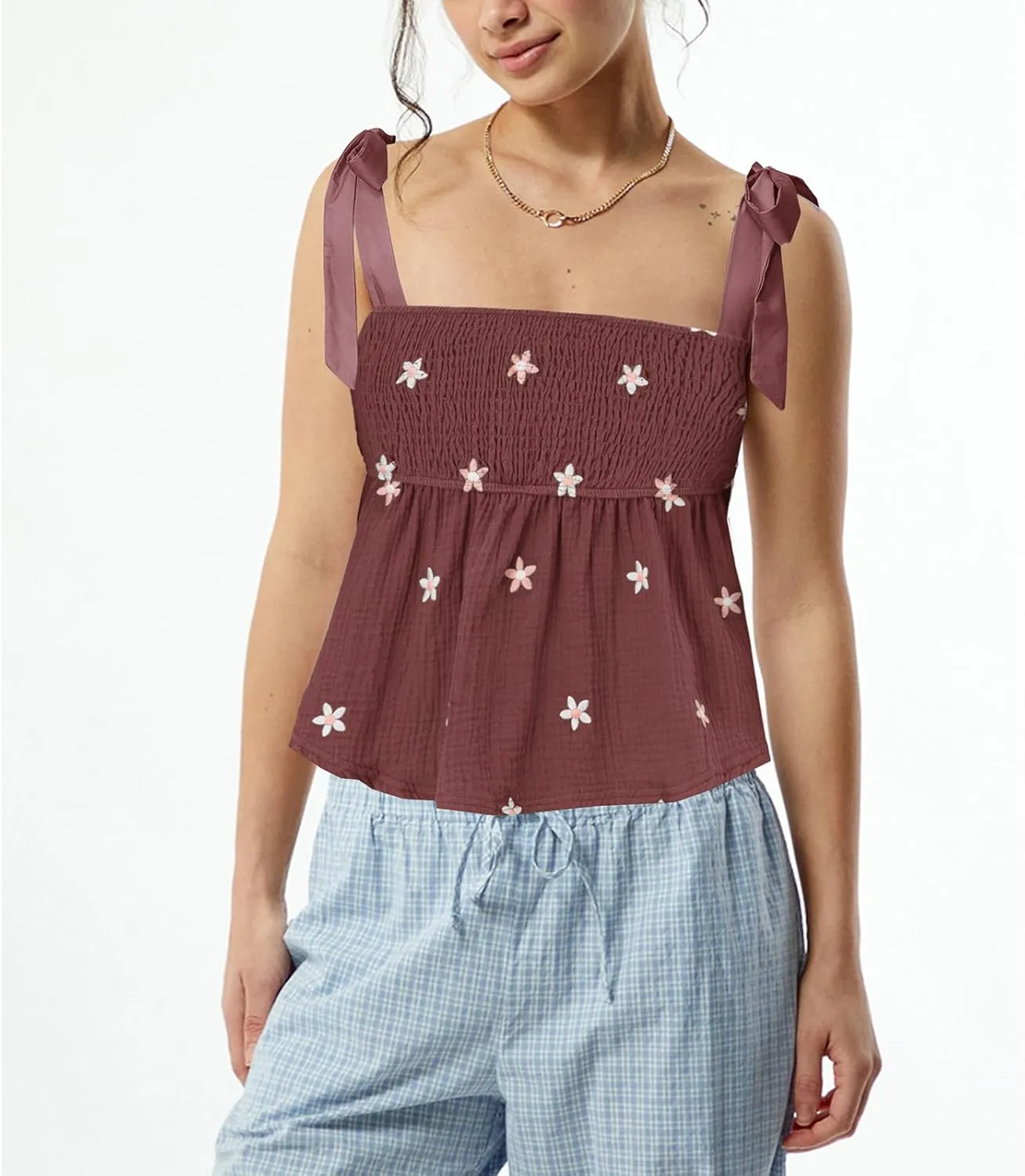 Women Floral Embroidered Tank Top Cute Tie Shoulder Babydoll Camisoles Y2k Square Neck Sleeveless Flowy Cami Tops