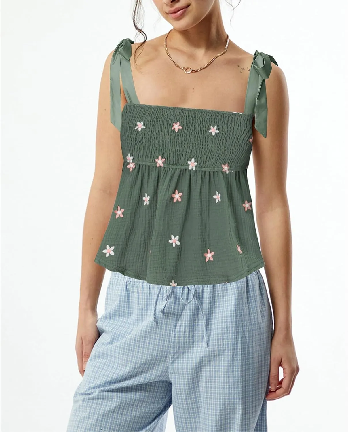 Women Floral Embroidered Tank Top Cute Tie Shoulder Babydoll Camisoles Y2k Square Neck Sleeveless Flowy Cami Tops
