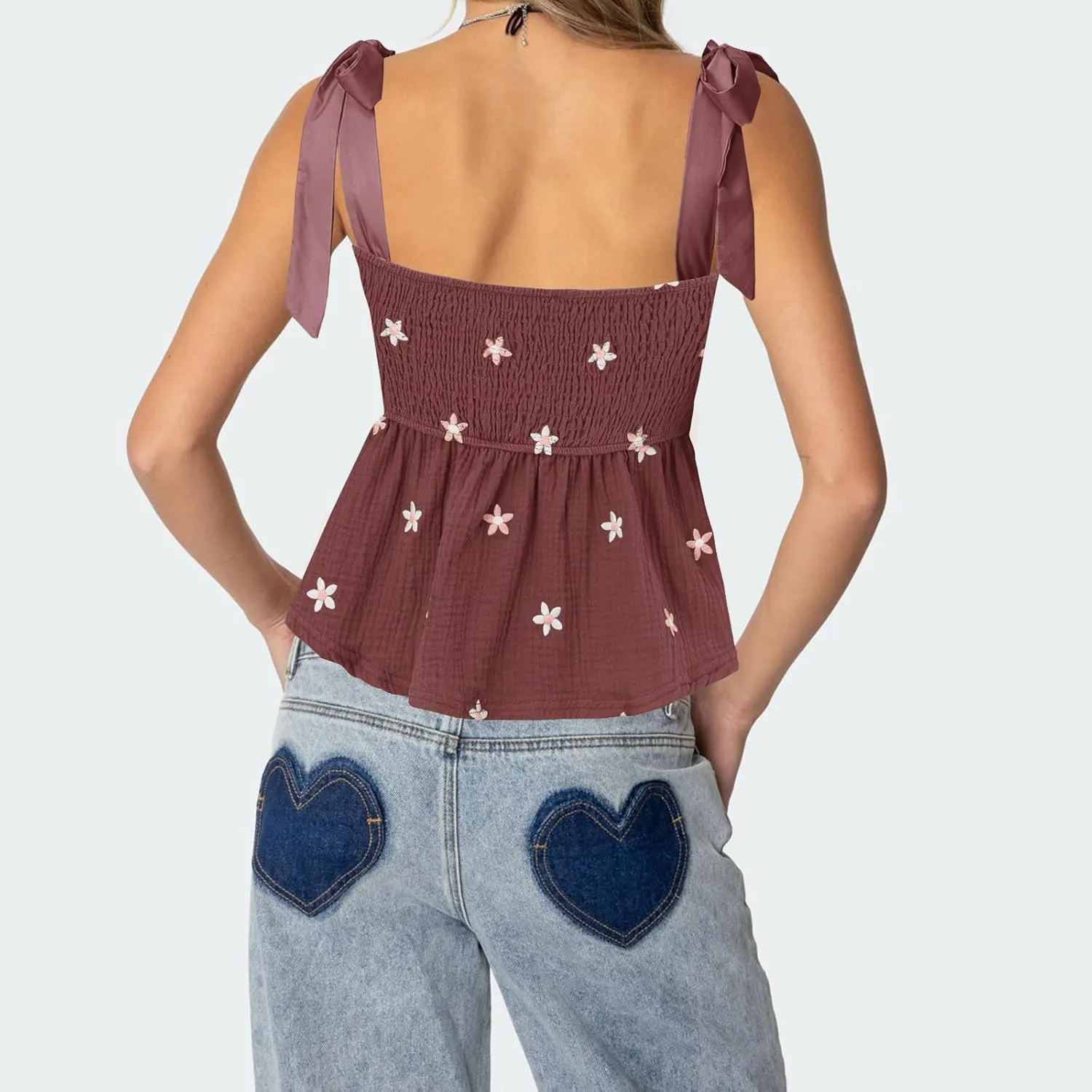 Women Floral Embroidered Tank Top Cute Tie Shoulder Babydoll Camisoles Y2k Square Neck Sleeveless Flowy Cami Tops