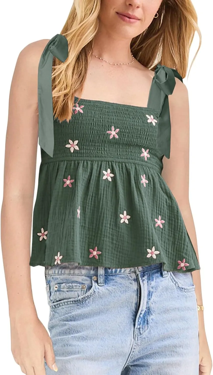 Women Floral Embroidered Tank Top Cute Tie Shoulder Babydoll Camisoles Y2k Square Neck Sleeveless Flowy Cami Tops