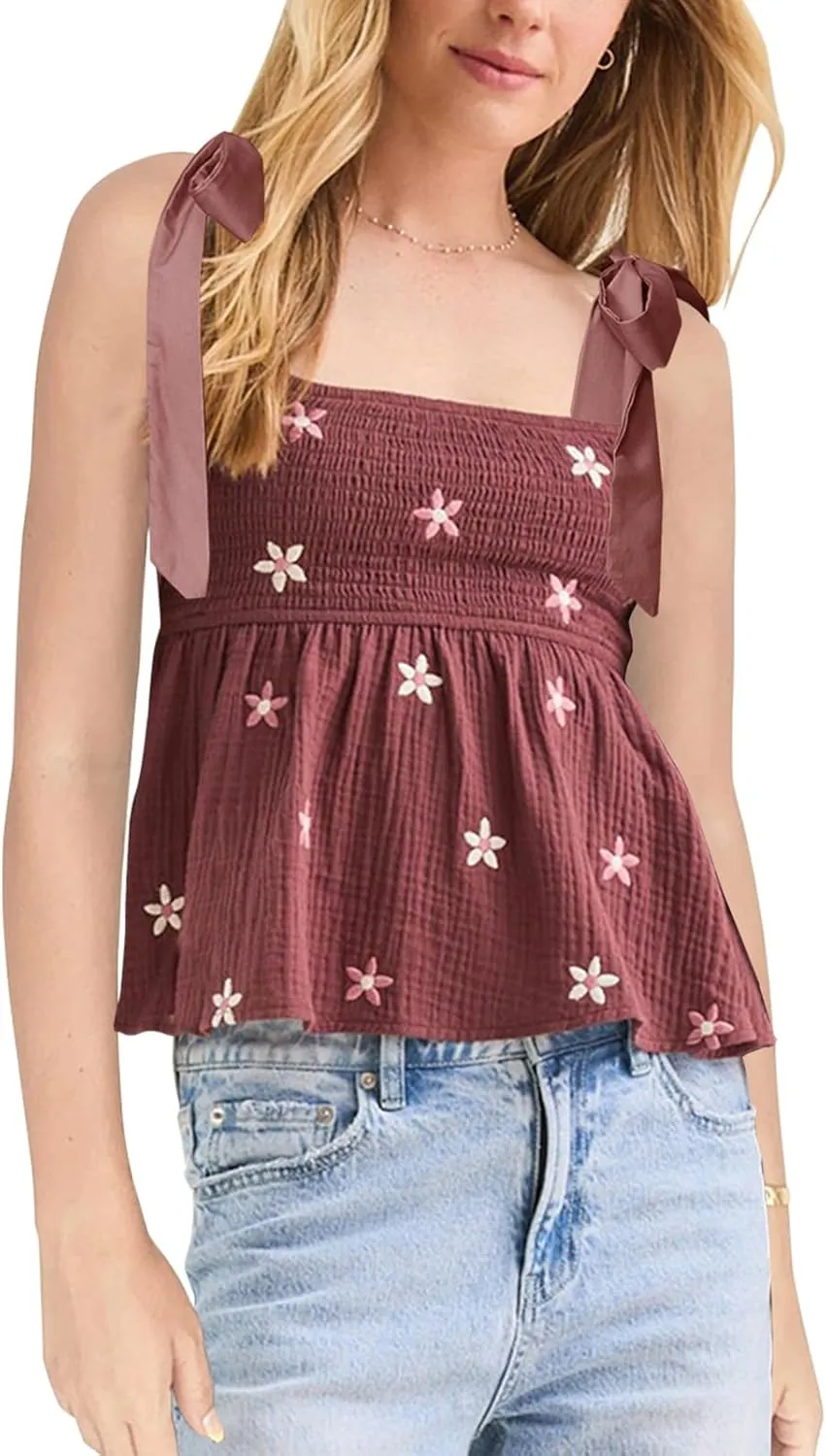 Women Floral Embroidered Tank Top Cute Tie Shoulder Babydoll Camisoles Y2k Square Neck Sleeveless Flowy Cami Tops