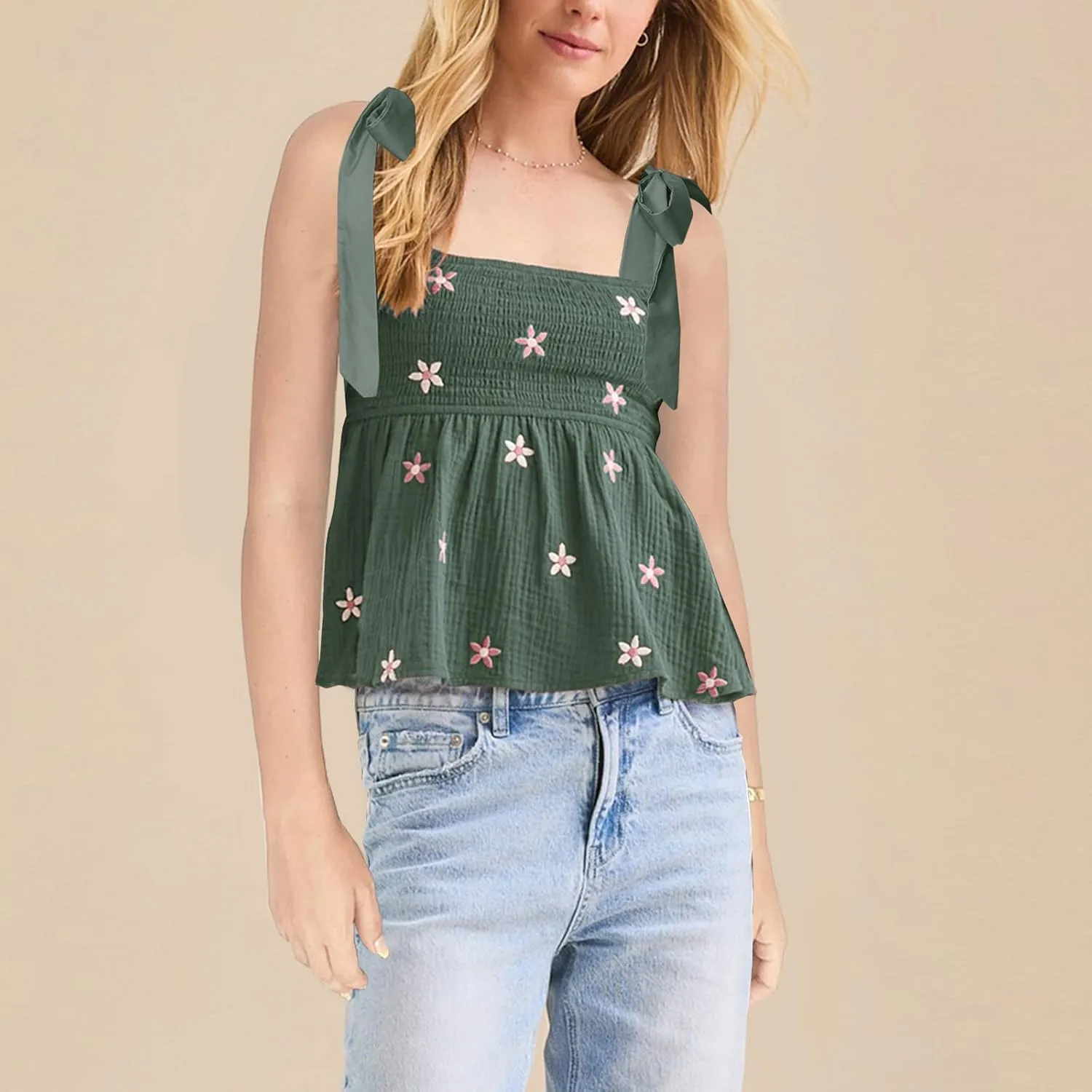 Women Floral Embroidered Tank Top Cute Tie Shoulder Babydoll Camisoles Y2k Square Neck Sleeveless Flowy Cami Tops