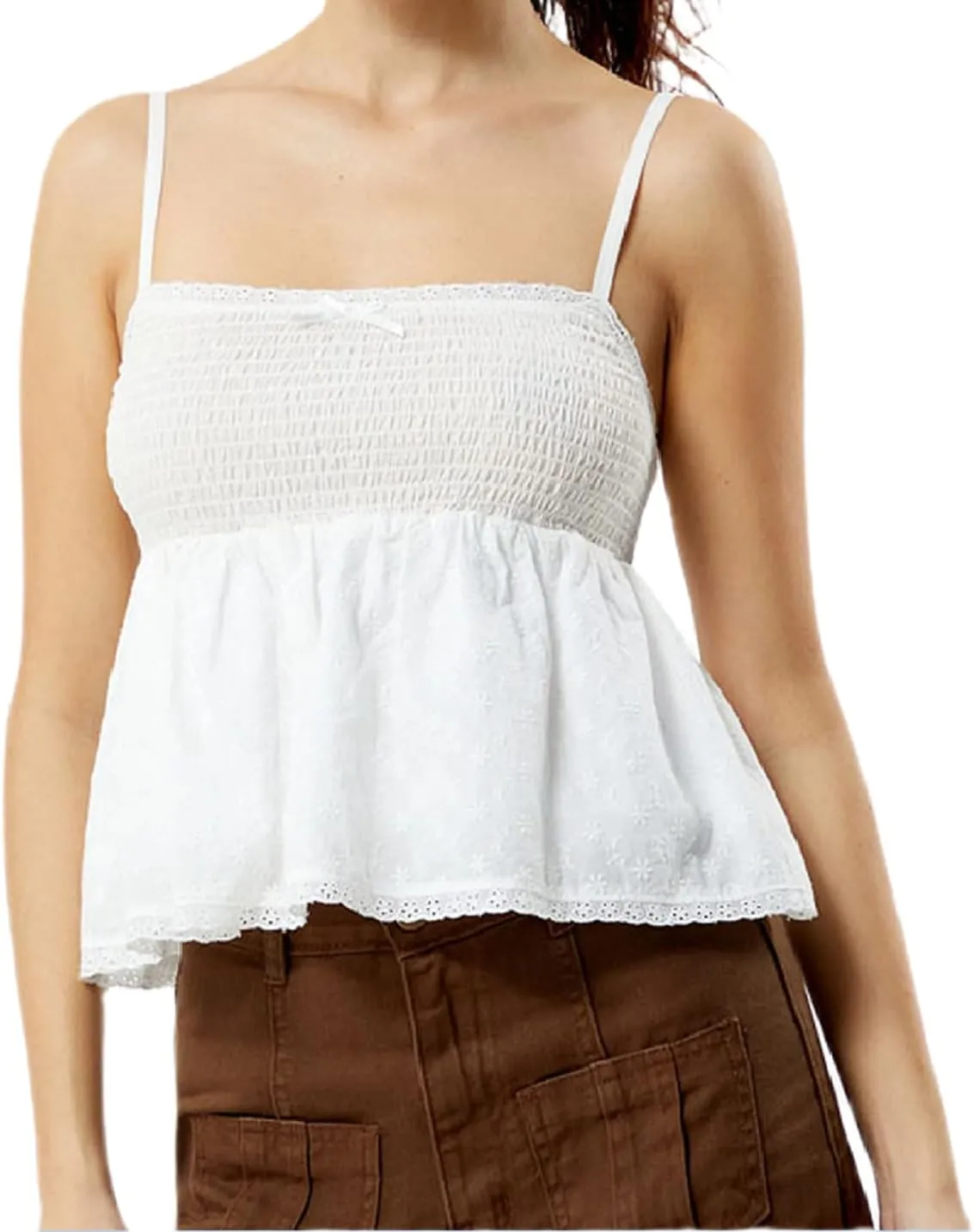 Women Floral Print Tie Shoulder Tank Tops Y2k Frill Shirred Ruffle Hem Cami Shirt Cute Smocked Cami Tops