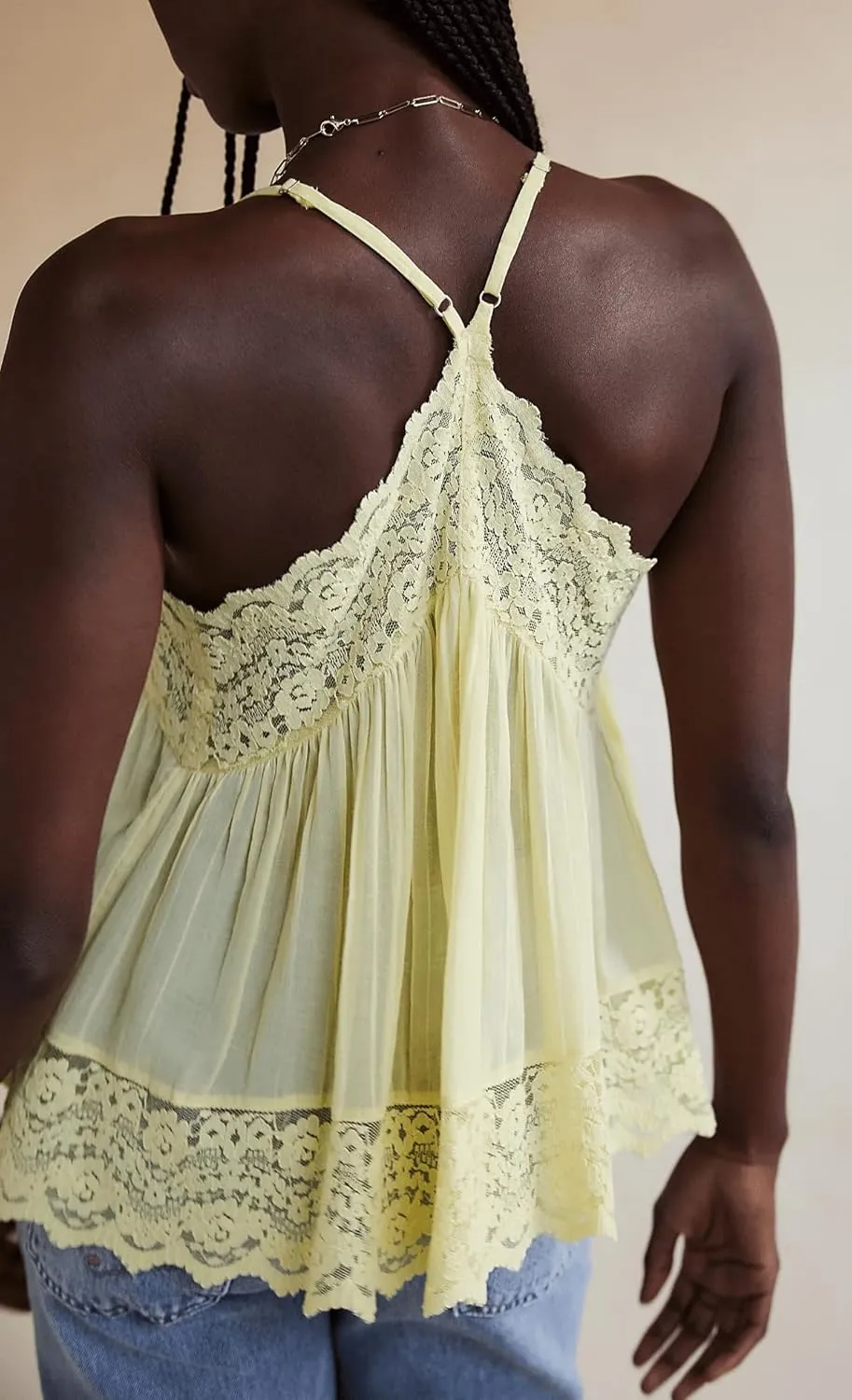 Women Lace Flowy Cami Top Spaghetti Strap V Neck Peplum Tank Top Boho Sheer Camisole Going Out