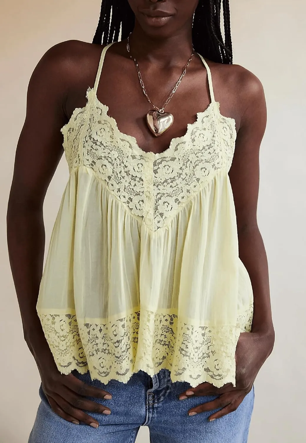Women Lace Flowy Cami Top Spaghetti Strap V Neck Peplum Tank Top Boho Sheer Camisole Going Out