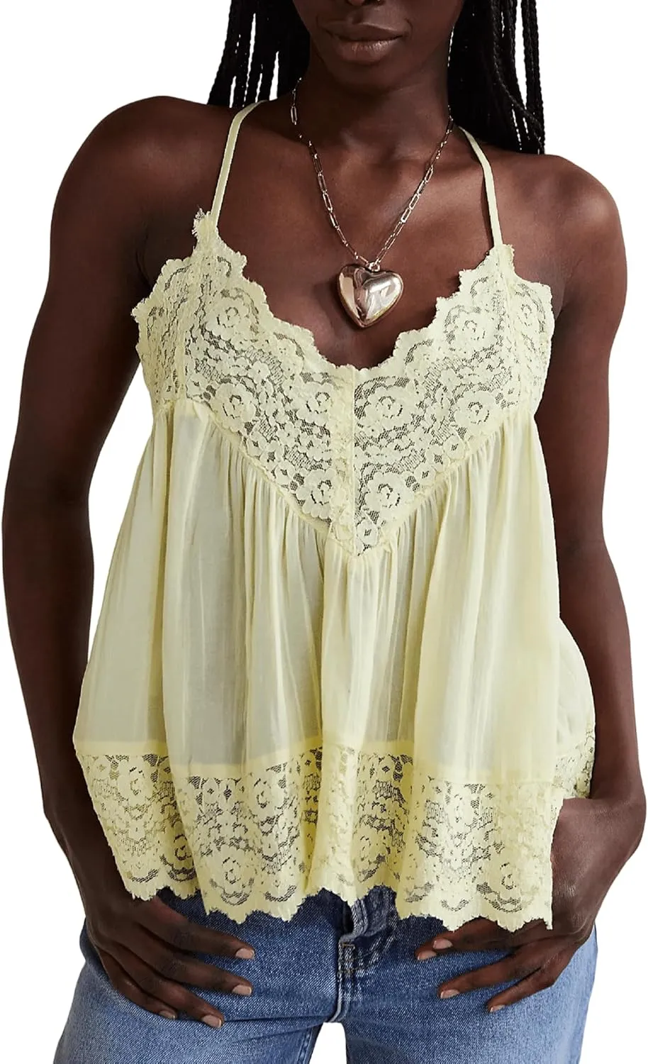 Women Lace Flowy Cami Top Spaghetti Strap V Neck Peplum Tank Top Boho Sheer Camisole Going Out