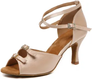 Women Latin Dance Shoes Satin Open Toe Bachata Tango Ballroom Salsa Performance Dancing Shoes,Model YCL622-7.5cm Heel