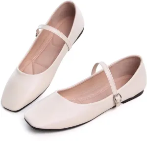Women Mary Jane Flat Shoes Soft Patent Leather Square Toe Adjustable Buckle Strap Casual Ballet Dance Shoes