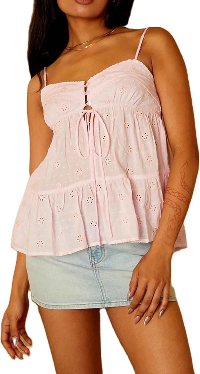 Women Teens Cute Babydoll Tops Y2k Floral Lace Trim Camisole Ruffle Tank Top Summer Flowy Peplum Top Streetwear