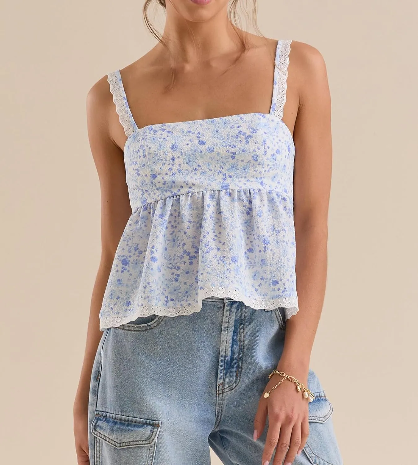 Women Teens Cute Babydoll Tops Y2k Floral Lace Trim Camisole Ruffle Tank Top Summer Flowy Peplum Top Streetwear