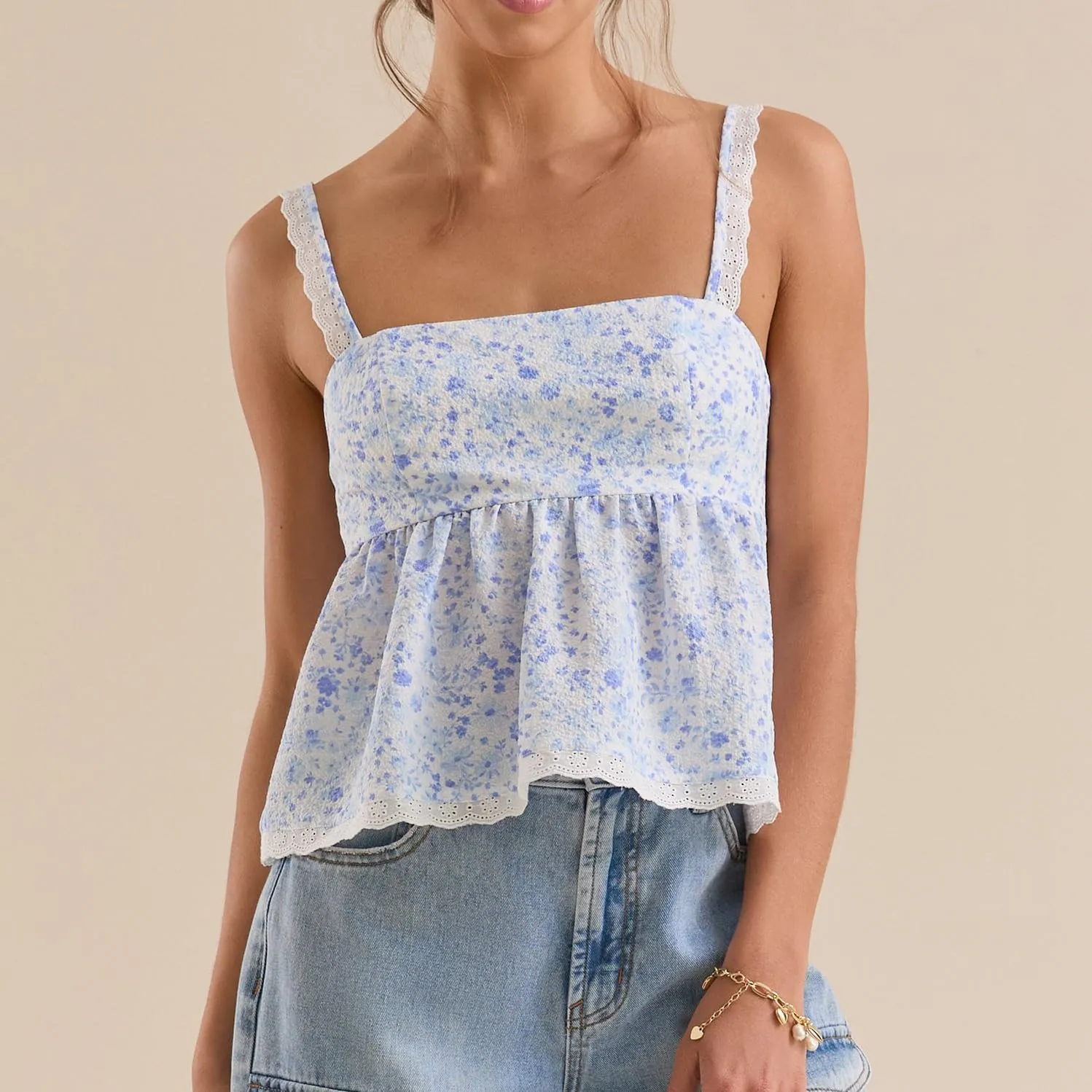 Women Teens Cute Babydoll Tops Y2k Floral Lace Trim Camisole Ruffle Tank Top Summer Flowy Peplum Top Streetwear