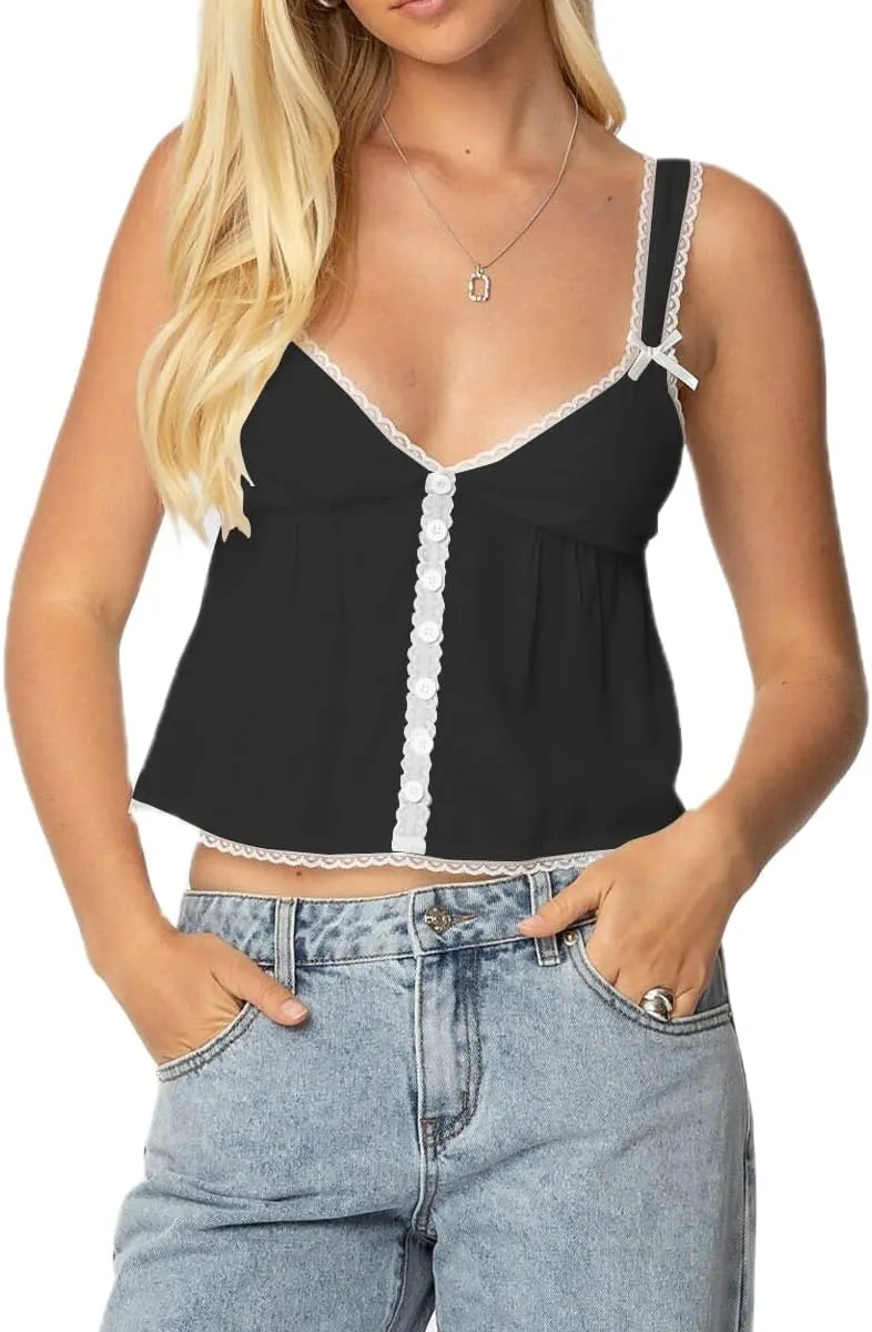 Women Teens Cute Babydoll Tops Y2k Floral Lace Trim Camisole Ruffle Tank Top Summer Flowy Peplum Top Streetwear