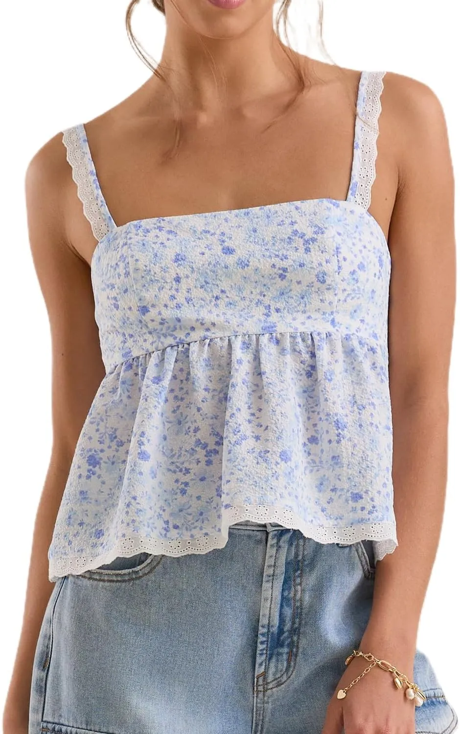 Women Teens Cute Babydoll Tops Y2k Floral Lace Trim Camisole Ruffle Tank Top Summer Flowy Peplum Top Streetwear