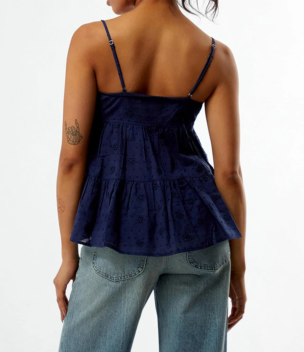 Women Teens Y2k Babydoll Tops Spaghetti Strap Eyelet Embroidery Tank Top Summer Ruffle Flowy Camisole Streetwear