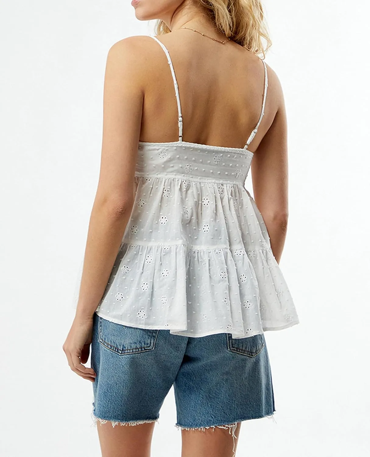 Women Teens Y2k Babydoll Tops Spaghetti Strap Eyelet Embroidery Tank Top Summer Ruffle Flowy Camisole Streetwear