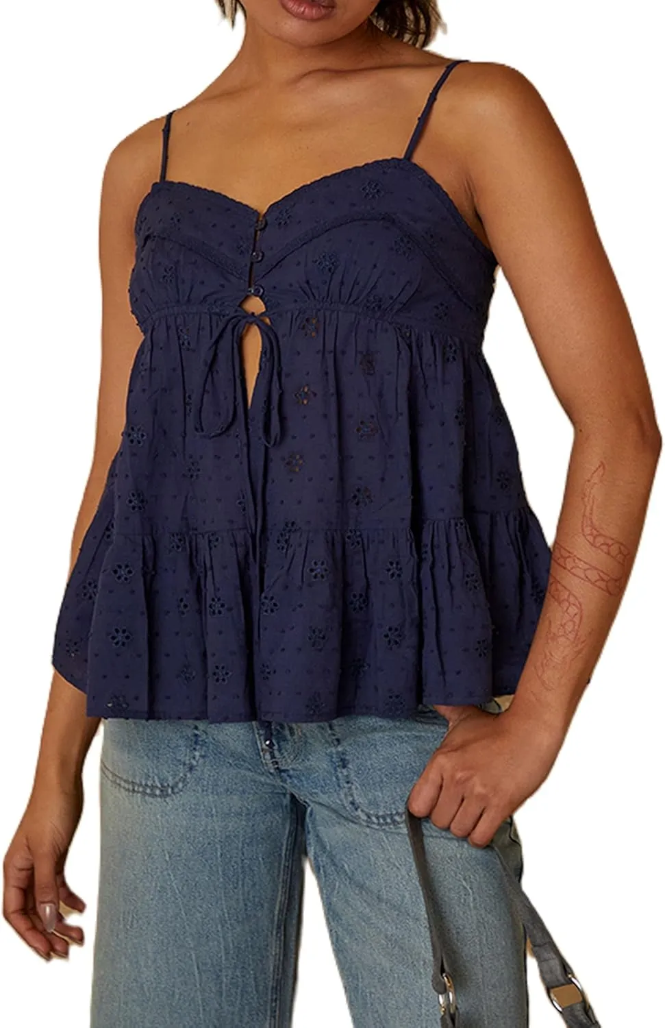 Women Teens Y2k Babydoll Tops Spaghetti Strap Eyelet Embroidery Tank Top Summer Ruffle Flowy Camisole Streetwear