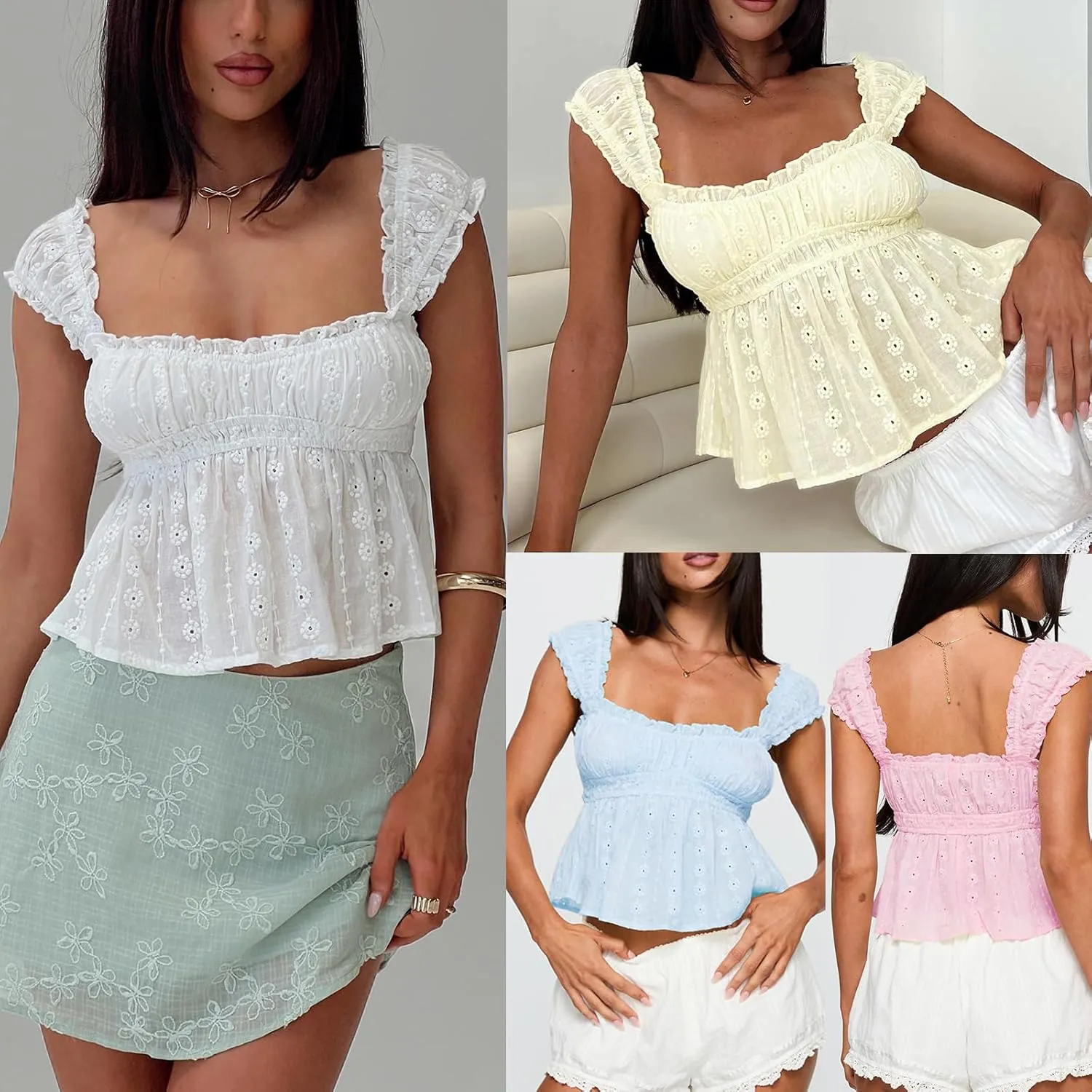 Women Teens Y2k Babydoll Tops Spaghetti Strap Eyelet Embroidery Tank Top Summer Ruffle Flowy Camisole Streetwear