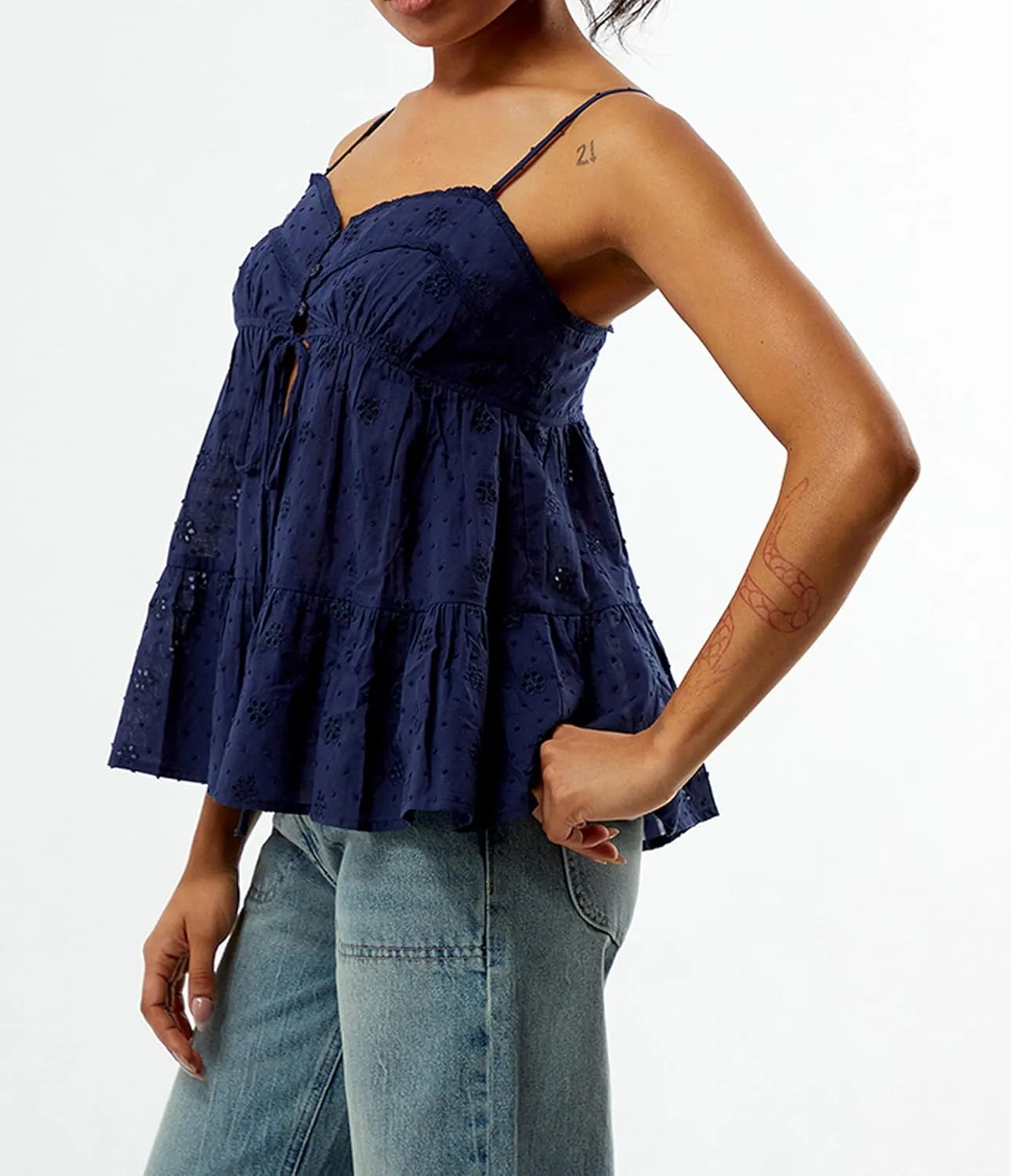Women Teens Y2k Babydoll Tops Spaghetti Strap Eyelet Embroidery Tank Top Summer Ruffle Flowy Camisole Streetwear