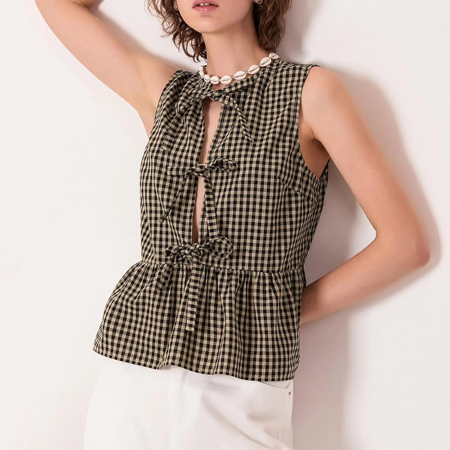Women Tie Front Peplum Tank Tops Y2K Sleeveless Lace Up Ruffle Hem Babydoll Vest Shirts Cute Summer Going Out Tops