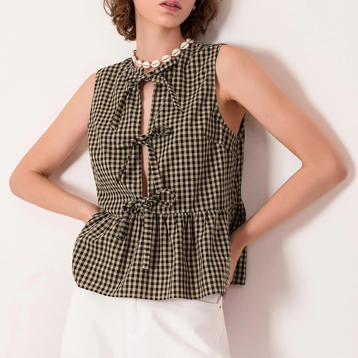 Women Tie Front Peplum Tank Tops Y2K Sleeveless Lace Up Ruffle Hem Babydoll Vest Shirts Cute Summer Going Out Tops