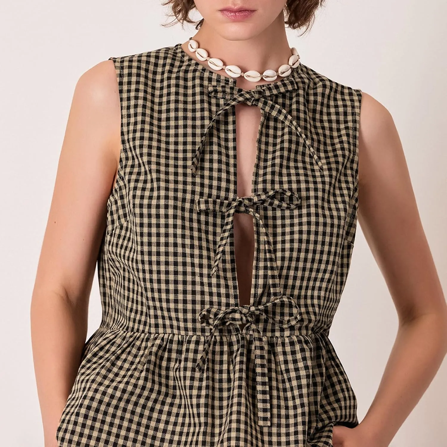 Women Tie Front Peplum Tank Tops Y2K Sleeveless Lace Up Ruffle Hem Babydoll Vest Shirts Cute Summer Going Out Tops