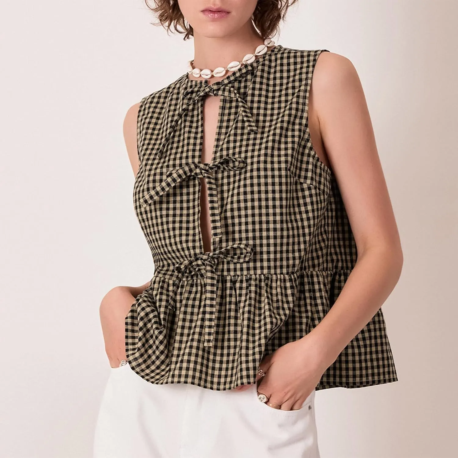 Women Tie Front Peplum Tank Tops Y2K Sleeveless Lace Up Ruffle Hem Babydoll Vest Shirts Cute Summer Going Out Tops
