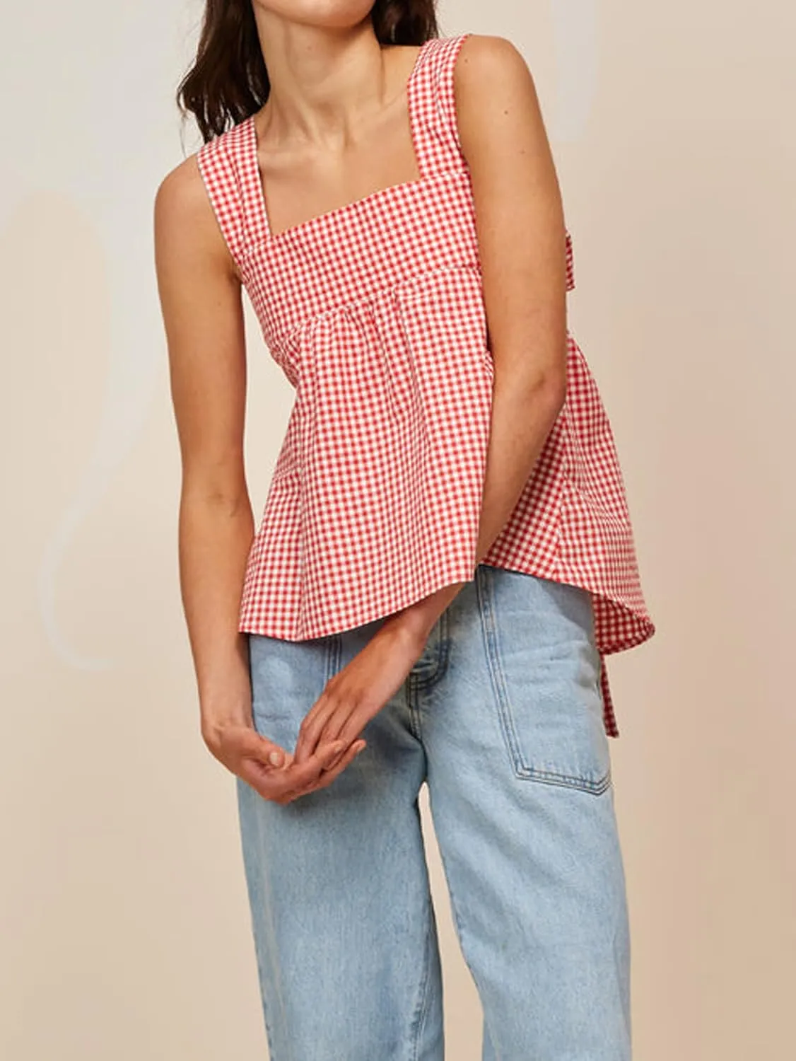 Women Y2k Gingham Tank Top Sleeveless Square Neck Plaid Tank Top Tie Back Ruffle Hem Peplum Tops Summer Streetwear