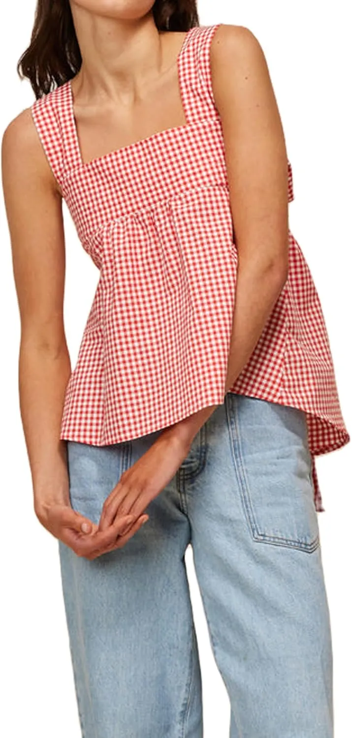 Women Y2k Gingham Tank Top Sleeveless Square Neck Plaid Tank Top Tie Back Ruffle Hem Peplum Tops Summer Streetwear