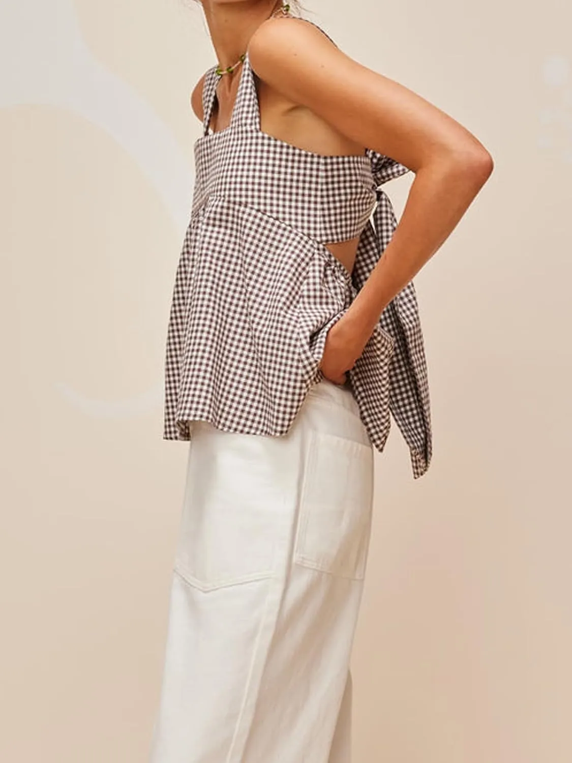 Women Y2k Gingham Tank Top Sleeveless Square Neck Plaid Tank Top Tie Back Ruffle Hem Peplum Tops Summer Streetwear