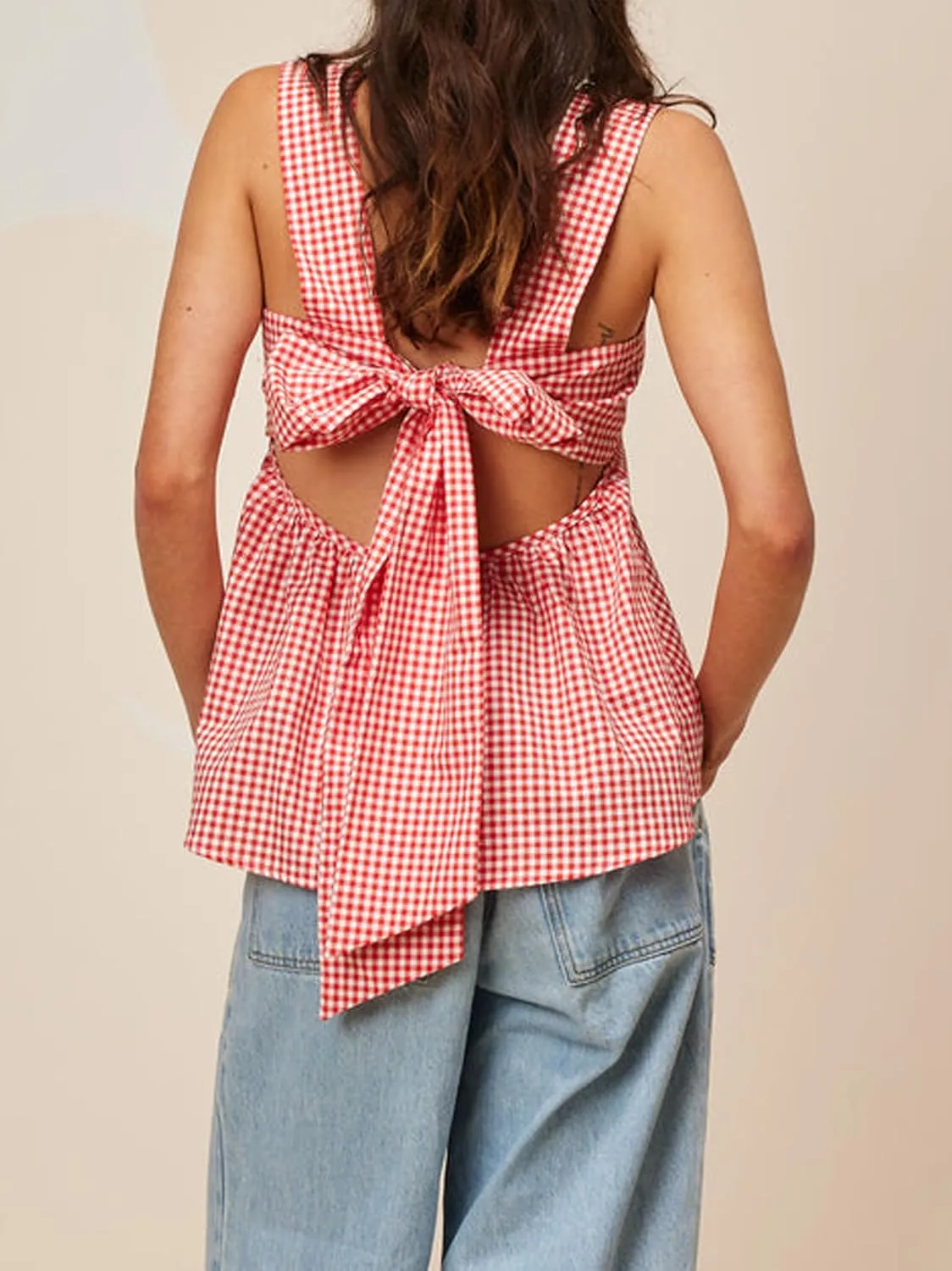 Women Y2k Gingham Tank Top Sleeveless Square Neck Plaid Tank Top Tie Back Ruffle Hem Peplum Tops Summer Streetwear