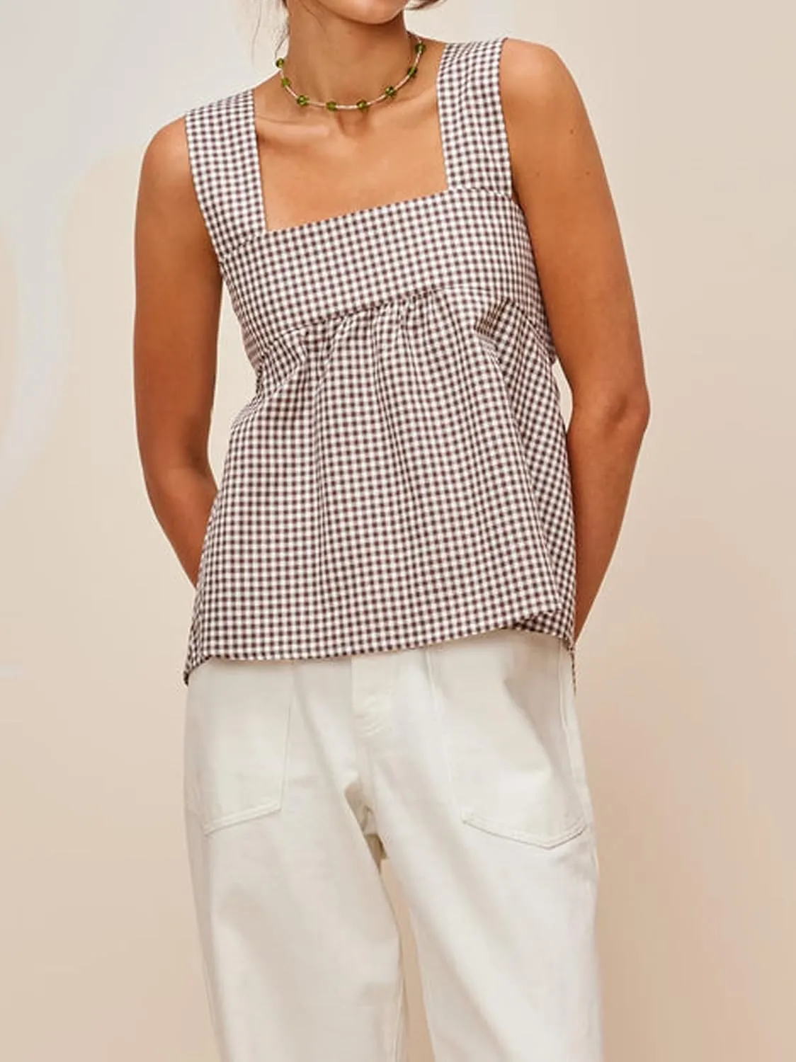 Women Y2k Gingham Tank Top Sleeveless Square Neck Plaid Tank Top Tie Back Ruffle Hem Peplum Tops Summer Streetwear