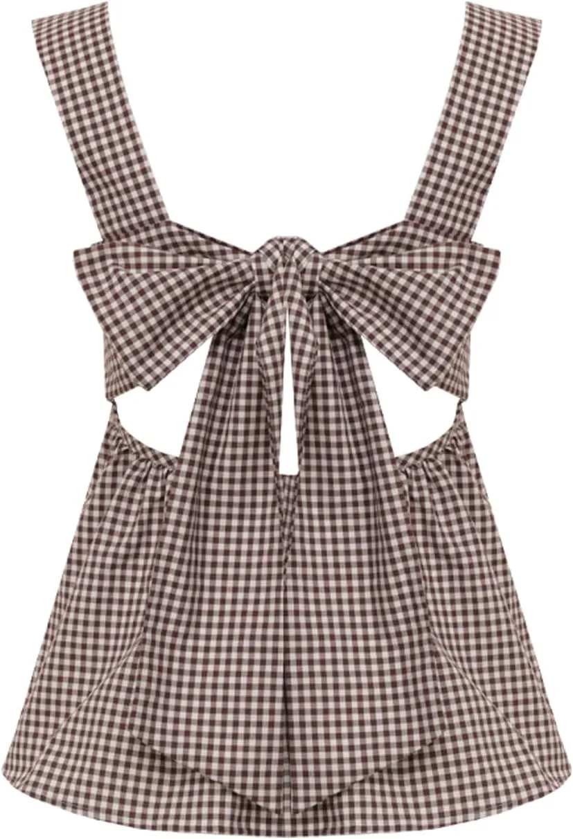 Women Y2k Gingham Tank Top Sleeveless Square Neck Plaid Tank Top Tie Back Ruffle Hem Peplum Tops Summer Streetwear