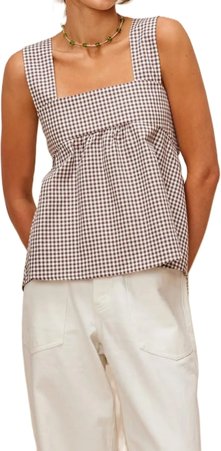 Women Y2k Gingham Tank Top Sleeveless Square Neck Plaid Tank Top Tie Back Ruffle Hem Peplum Tops Summer Streetwear