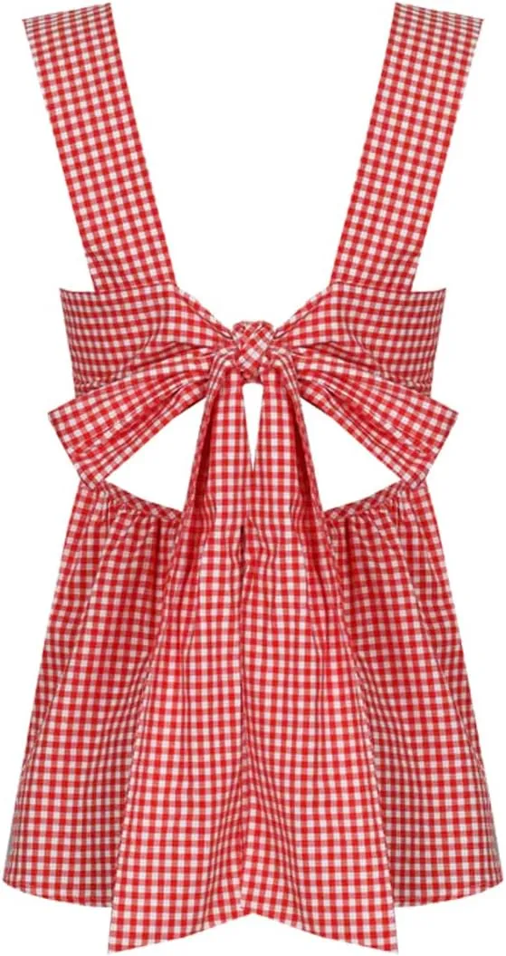 Women Y2k Gingham Tank Top Sleeveless Square Neck Plaid Tank Top Tie Back Ruffle Hem Peplum Tops Summer Streetwear