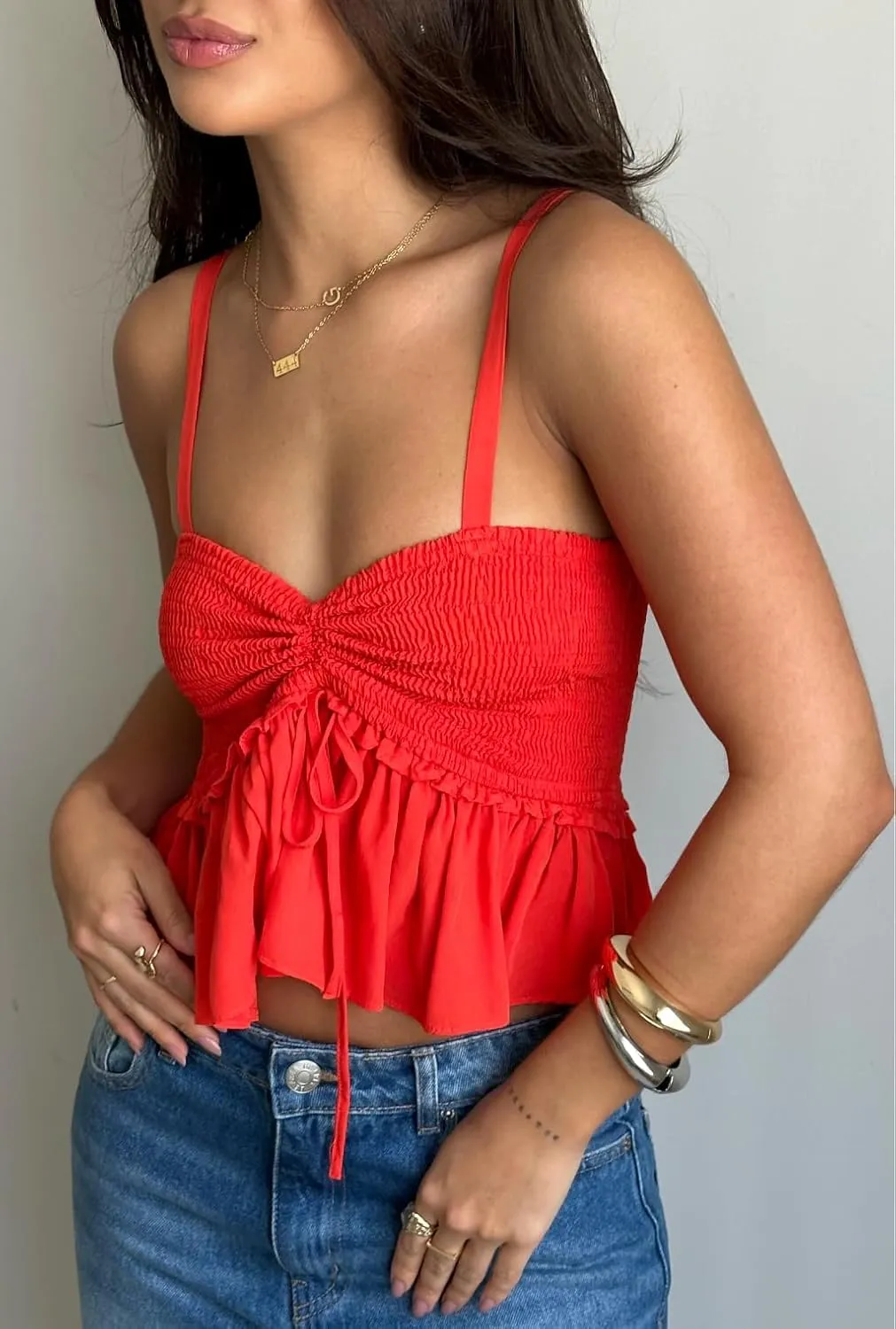 Women Y2k Ruched Tank Top Spaghetti Strap Peplum Camisole Cute Tie Up Cami Top Summer Streetwear