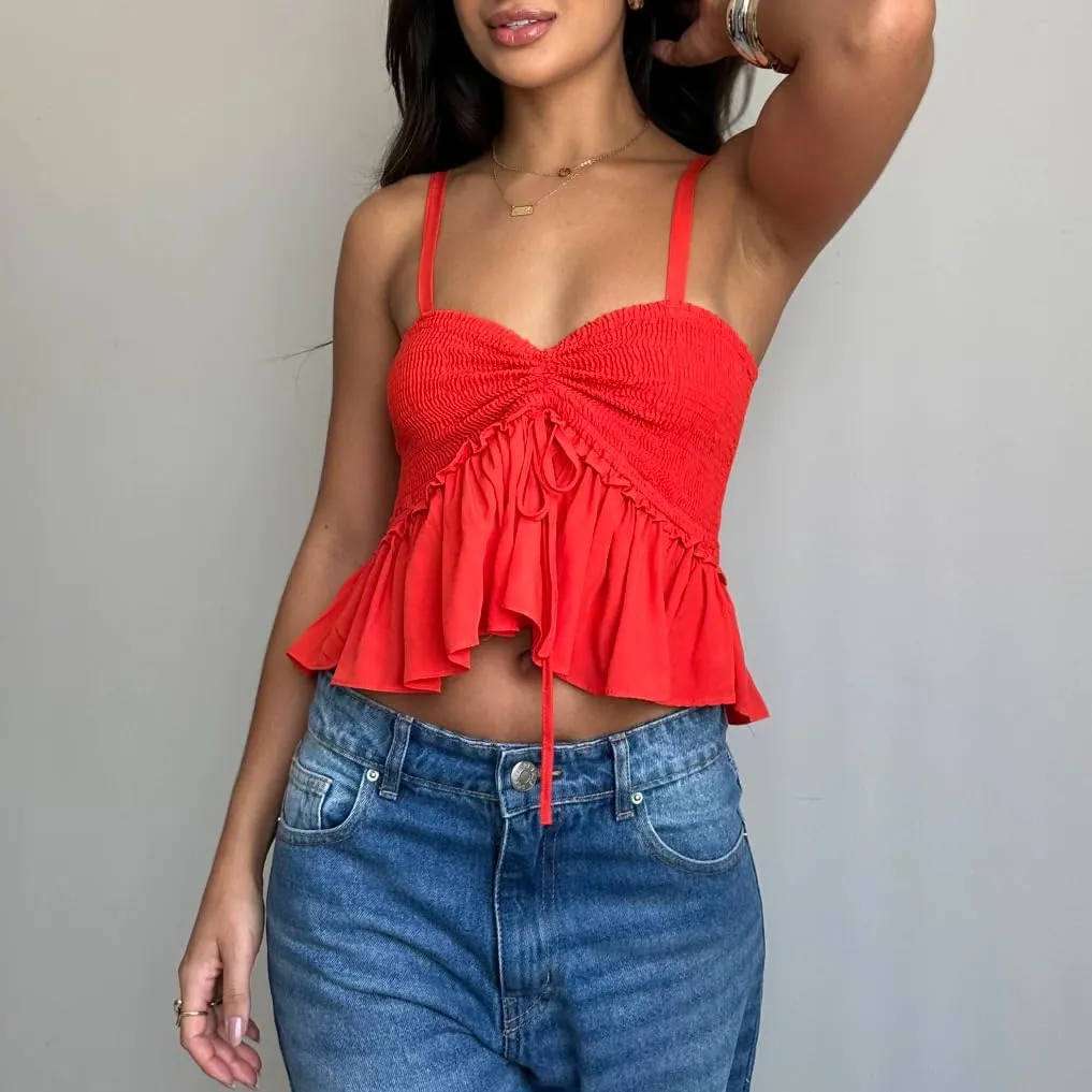 Women Y2k Ruched Tank Top Spaghetti Strap Peplum Camisole Cute Tie Up Cami Top Summer Streetwear