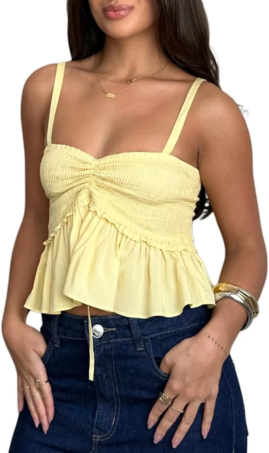 Women Y2k Ruched Tank Top Spaghetti Strap Peplum Camisole Cute Tie Up Cami Top Summer Streetwear