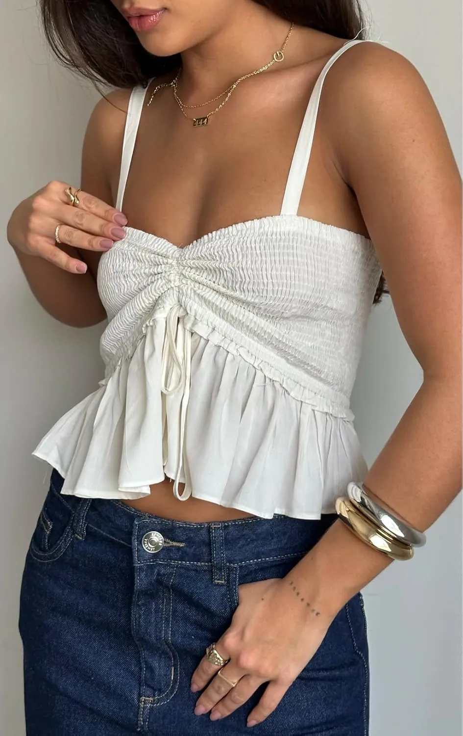 Women Y2k Ruched Tank Top Spaghetti Strap Peplum Camisole Cute Tie Up Cami Top Summer Streetwear