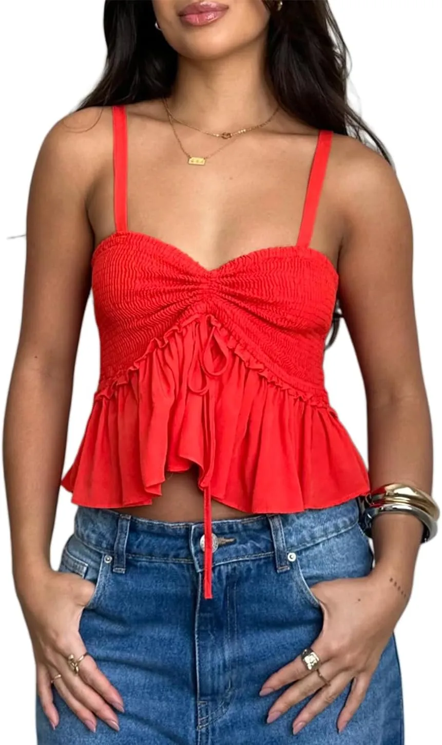 Women Y2k Ruched Tank Top Spaghetti Strap Peplum Camisole Cute Tie Up Cami Top Summer Streetwear