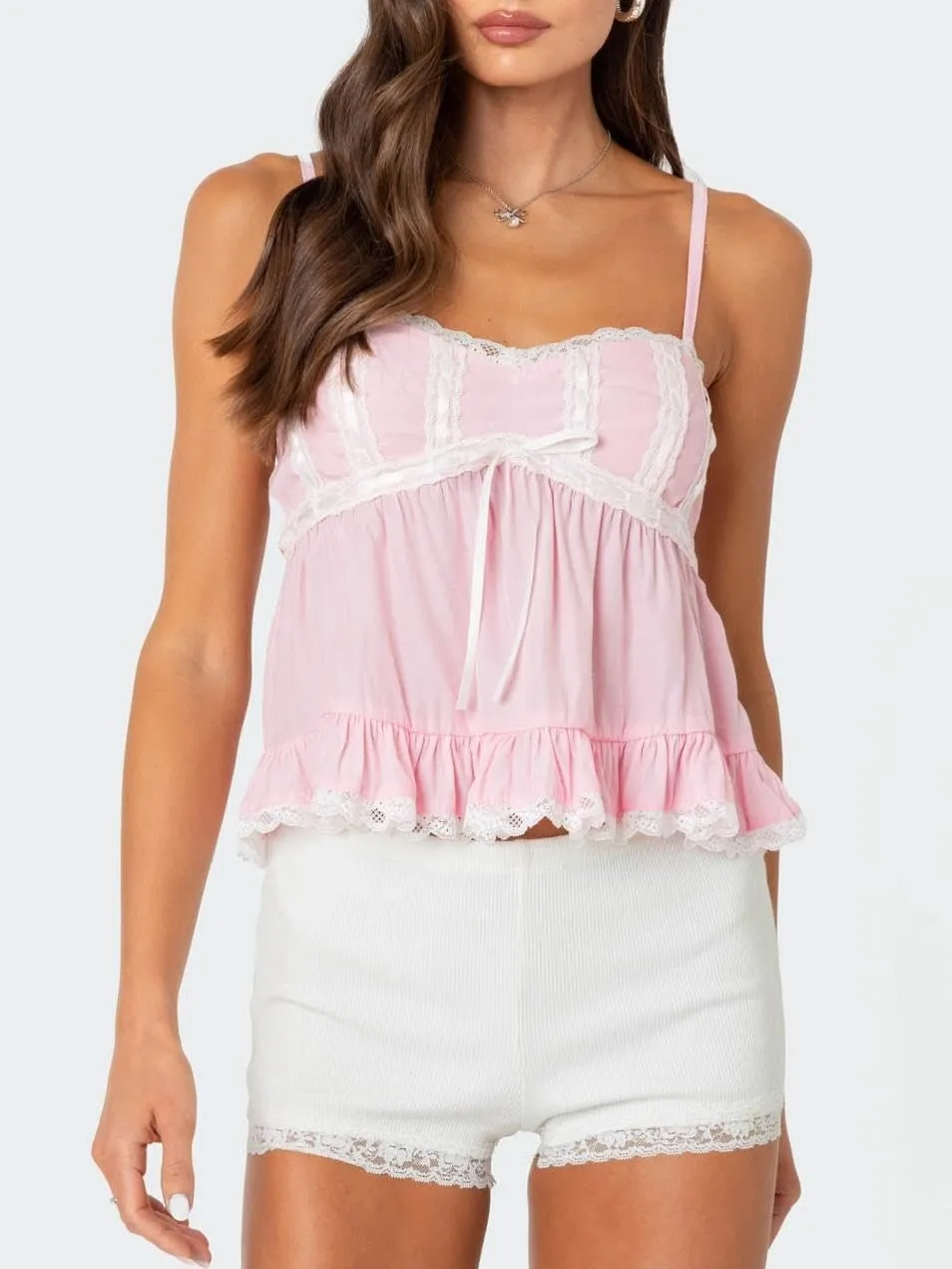 Women Y2k Ruched Tank Top Spaghetti Strap Peplum Camisole Cute Tie Up Cami Top Summer Streetwear